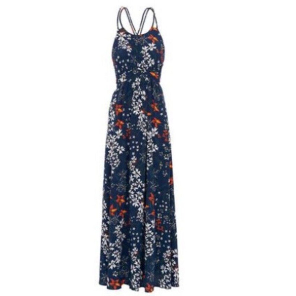 Whistles Bluebell 100% Silk Buena Strap Maxi Dress Blue Floral Print Size 6